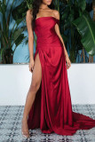 Красное элегантное однотонное вечернее платье без бретелек с разрезом в стиле пэчворк Платья