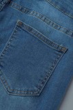 Mellanblå Casual Solid Ripped High Waist Regular Denim Jeans