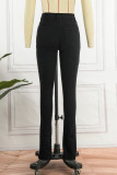 Calça jeans skinny preta casual sólida rasgada com fenda e cintura alta