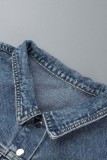 Hellblaue, lässige, solide Patchwork-Strickjacke mit Turndown-Kragen und langen Ärmeln, normale Jeansjacke