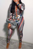Black Casual Print Patchwork Zipper Collar Long Sleeve Two Pieces