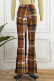 Pantalon marron décontracté à carreaux imprimé patchwork taille haute