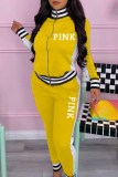 Yellow Casual Print Letter Zipper Collar Long Sleeve Two Pieces