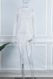 Белое сексуальное лоскутное горячее сверление, прозрачные перья, бисероплетение, асимметричные платья с длинными рукавами и половиной воротника