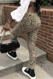 Casual pantalon met luipaardprint en patchwork Basic Regular broek met hoge taille