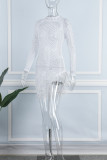 White Sexy Patchwork Hot Drilling See-through Feathers Beading Asymmetrical Half A Turtleneck Long Sleeve Dresses