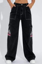 Schwarze Patchwork-Denim-Jeans mit lässigem Print
