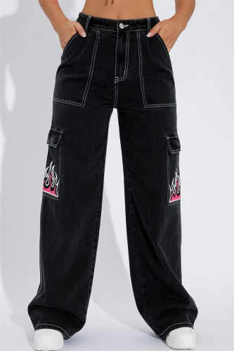 Black Casual Print Patchwork Straight Denim Jeans