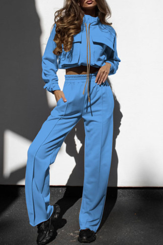 Sky Blue Casual Solid Patchwork Pocket Zipper Long Sleeve Two Pieces