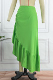 Зеленые повседневные однотонные лоскутные асимметричные юбки с высокой талией стандартной длины