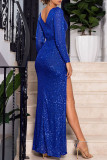 Blauwe sexy effen uitgeholde pailletten patchwork split v-hals avondjurk jurken