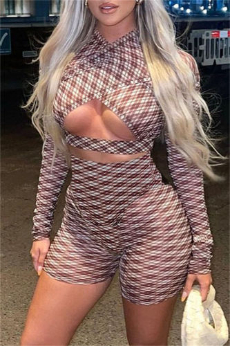 Brown Sexy Print Hollowed Out Patchwork V Neck Long Sleeve Two Pieces