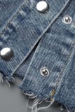 Hellblaue, lässige, solide Patchwork-Strickjacke mit Turndown-Kragen und langen Ärmeln, normale Jeansjacke