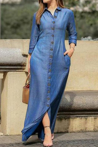 Blue Elegant Solid Buckle Solid Color Turndown Collar Long Sleeve Loose Denim Dresses