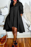 Черное повседневное однотонное платье-рубашка в стиле пэчворк с асимметричным отложным воротником и пряжкой Платья больших размеров