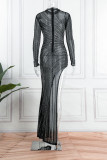 Negro sexy sólido patchwork hendidura taladro caliente medio cuello alto un paso falda vestidos