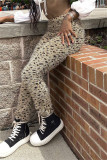 Pantalones casuales de cintura alta con patchwork de leopardo y estampado de leopardo