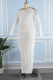 Witte sexy casual effen patchwork metalen accessoires decoratie backless split O-hals lange mouw plus size jurken
