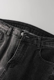 Schwarze, lässig bedruckte Patchwork-Jeans mit hoher Taille