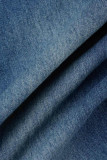 Bleu foncé décontracté solide Patchwork accessoires en métal décoration taille haute jean en Denim régulier