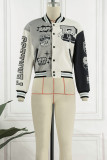 Gray White Casual Print Patchwork O Neck Outerwear