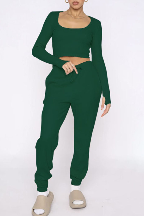 Чернильный зеленый Повседневная спортивная одежда Однотонный Пэчворк U-образный вырез Длинный рукав Из двух частей