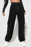 Черные повседневные прямые джинсовые джинсы с высокой талией и высокой талией в стиле пэчворк