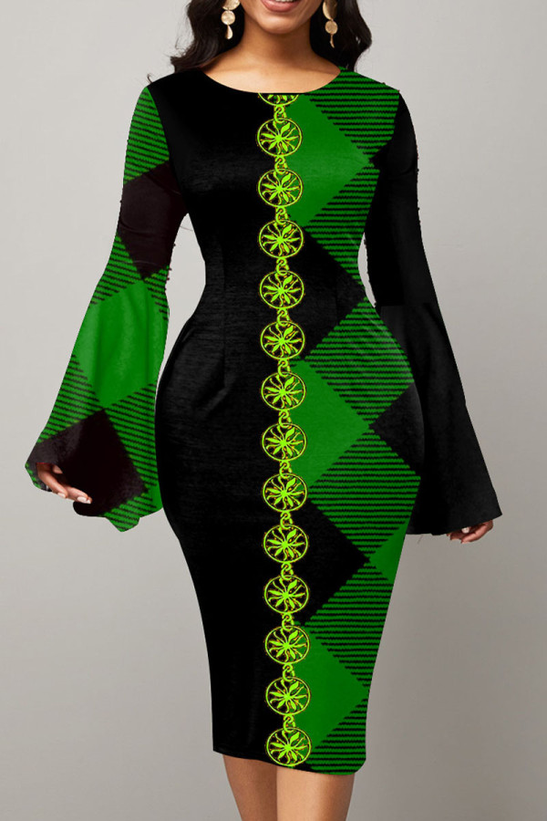 グリーン カジュアル プリント パッチワーク O ネック ワンステップ スカート ドレス