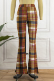 Pantalones casuales de cintura alta con estampado de cuadros a cuadros marrón