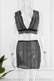 Black Sexy Patchwork Hot Drilling See-through Backless V Neck Sleeveless Two Pieces