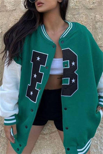 Green Casual Letter Patchwork Conventional Collar Outerwear