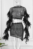 Zwart Sexy Patchwork Hot Drilling See-through Feathers O Neck Long Sleeve Two Pieces