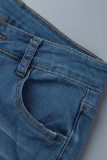 Средне-синие повседневные однотонные рваные джинсы с высокой талией, обычные джинсовые джинсы