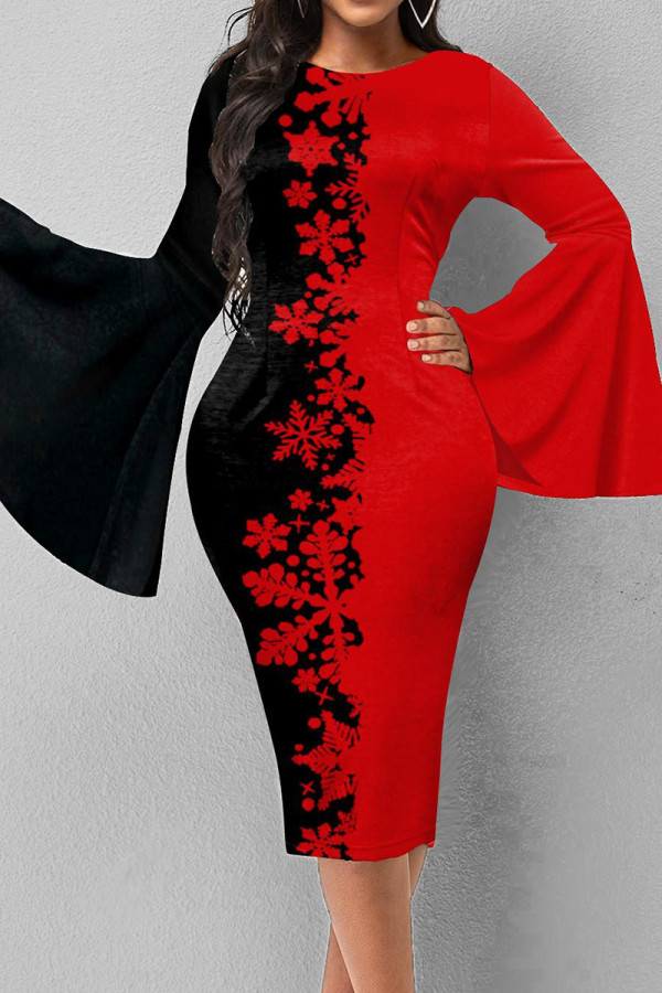 Robes jupe une étape à col rond en patchwork imprimé décontracté rouge noir