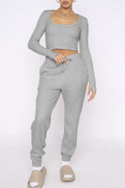 Grey Casual Sportswear Solid Patchwork U Neck Long Sleeve Two Pieces