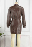 Dark Brown Casual Solid Patchwork Turndown Collar Long Sleeve Dresses