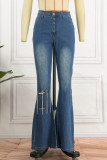 Babyblau Lässig Solide Patchwork Metall Accessoires Dekoration Hohe Taille Regular Denim Jeans