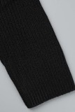 Zwarte casual effen patchwork topjes met slit O-hals