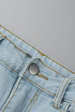 Hellblaue, lässige, solide, zerrissene Patchwork-Metall-Accessoires, Dekoration, hohe Taille, Röhrenjeans