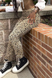 Leopardtryck Casual Leopard Patchwork Basic vanliga byxor med hög midja