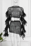 Zwart Sexy Patchwork Hot Drilling See-through Feathers O Neck Long Sleeve Two Pieces