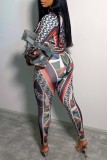 Black Casual Print Patchwork Zipper Collar Long Sleeve Two Pieces