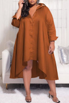 Coffee Casual Solid Patchwork Buckle Asymmetrical Turndown Collar Shirt Dress Plus Size Dresses