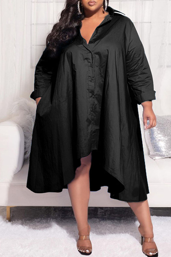 Zwarte Casual Solid Patchwork Gesp Asymmetrische Turndown Kraag Shirt Jurk Plus Size Jurken