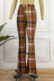 Pantalon marron décontracté à carreaux imprimé patchwork taille haute