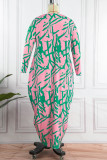 Robes à manches longues à col rond et à imprimé décontracté rose vert