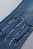 Dunkelblaue Casual Solide Patchwork Metall Accessoires Dekoration Hohe Taille Regular Denim Jeans