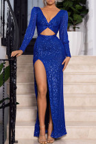 Blaues sexy festes ausgehöhltes Pailletten-Patchwork-Schlitz-V-Ausschnitt-Abendkleid-Kleider