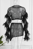 Apricot Sexy Patchwork Hot Drilling See-through Feathers O Neck Long Sleeve Two Pieces