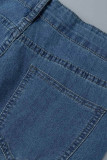 Jeans in denim regolari a vita alta con patchwork solido casual blu baby Decorazione accessori in metallo